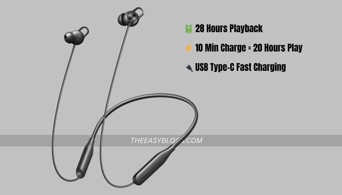 OPPO Enco M32 battery life – 28 hours playback, fast charging feature.
